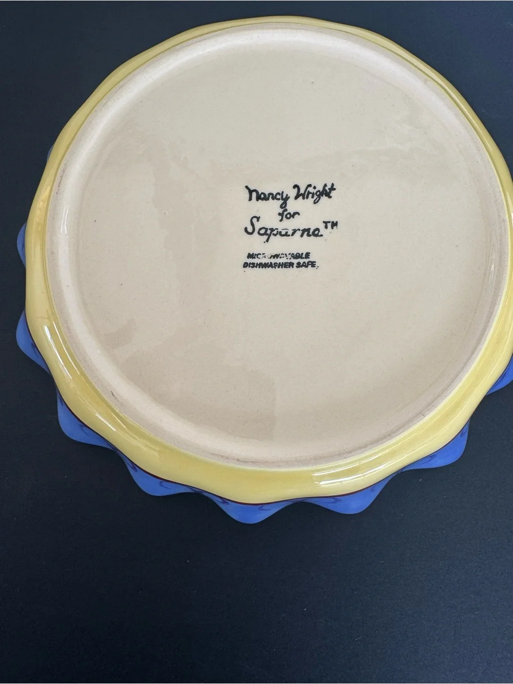 Hand-Painted Yellow and Blue Fruit Ceramic Serving Bowl